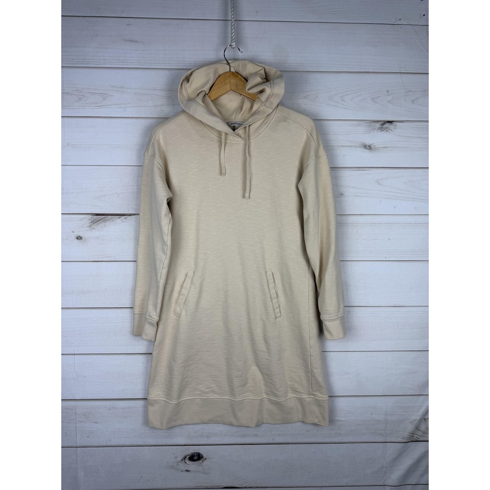 Toad&Co Sweater Dress Womens Medium Beige Hooded Long Sleeve Pockets Organic
